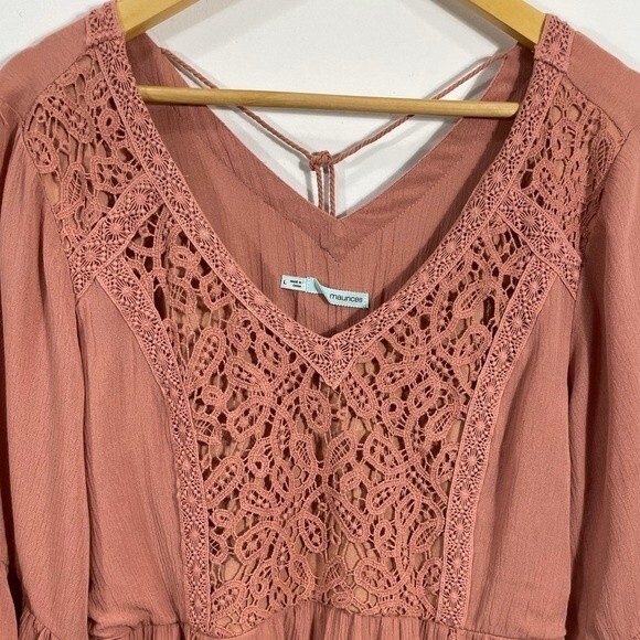 Maurices Boho Coral Rust Crochet Overlay V Neck Ruffle Sleeve Dress - Picture 5 of 13